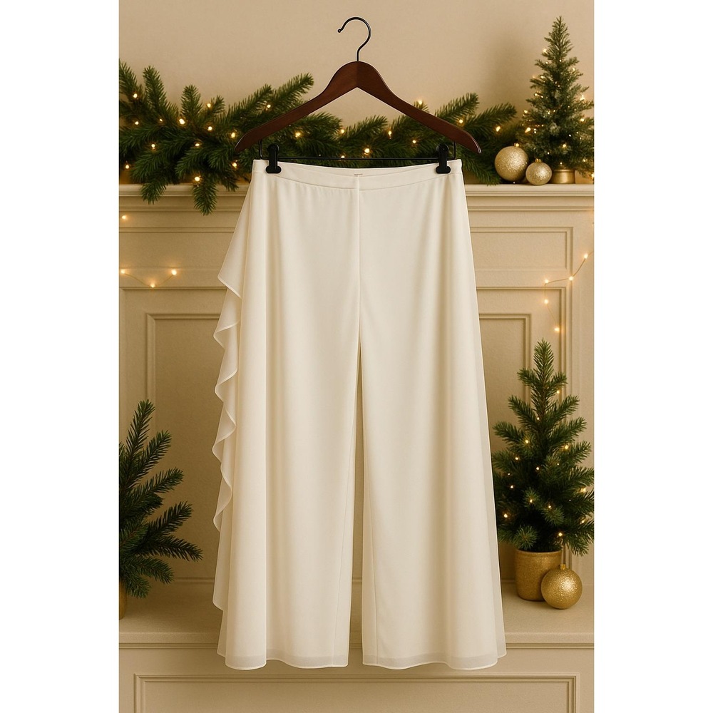 Janique by Kourosh White Wide Leg Palazzo Pants Ruffled Overlay Size 10